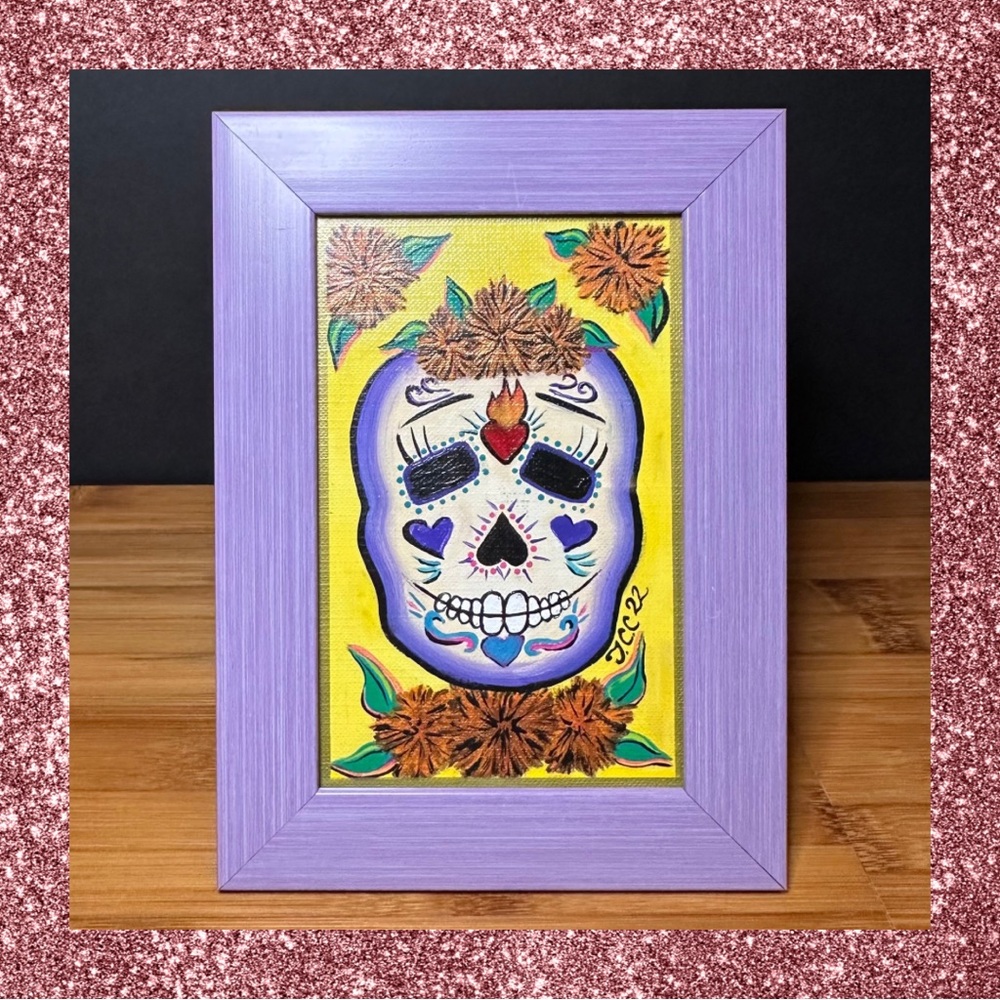 Original acrylic painting. Vibrant Sugar Skull with Purple Frame. 🎨Price is Firm